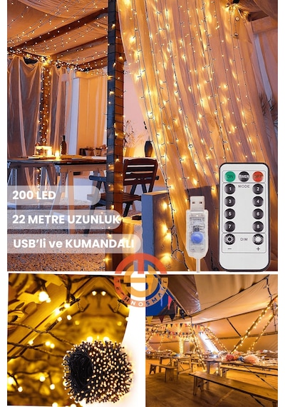 Technosmart 200 Ledli Usbli Kumandalı 8 Modlu Şerit Led Işık Parti Süsleme Organizasyon Sarı