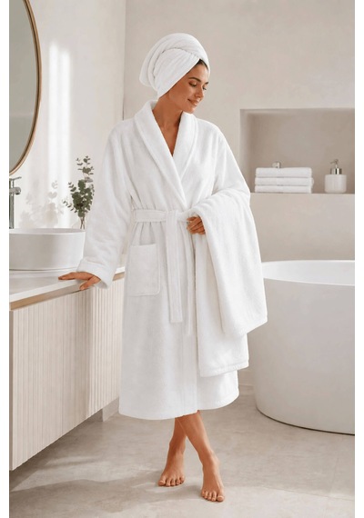 3 Parça Tek Kişilik Banyo Bornoz Ve Havlu Seti %100 Pamuk Serena Collection Beyaz