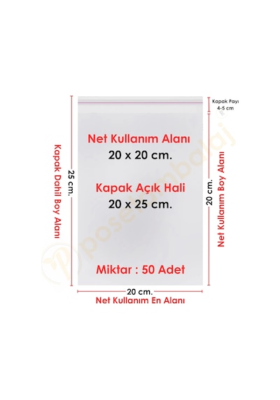 20x20+5 Cm. 20x25 50 Adet Şeffaf Bantlı Yapışkanlı Opp Poşet