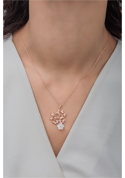 925 Ayar Gümüş Filizlenmiş Manolya Çiçeği Kolye Rose Gold