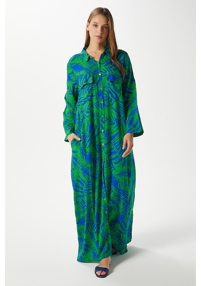 Ritnice Modest Kadın Leaf %100 Viskon Mavi Yeşil Önden Düğmeli Uzun Elbise Yeşilsaksmavi Çok Renkli Ritnice Modest Kadın Leaf %100 Viskon Mavi Yeşil Önden Düğmeli Uzun Elbise Yeşilsaksmavi Çok Renkli
