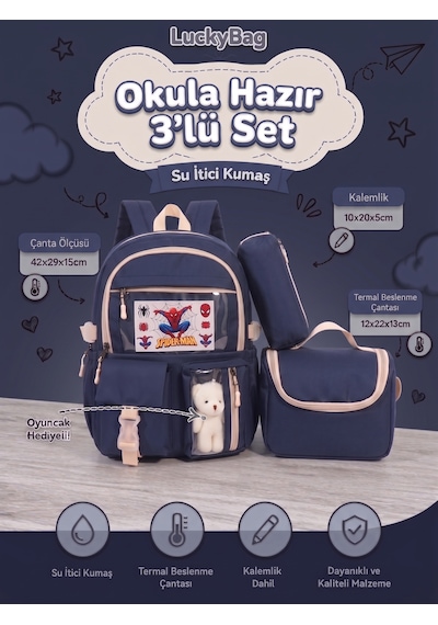 Kore Kawaii Tarzı Erkek Kız Okul Çantası Aksesuarlı Kız Çocuk Ve Erkek Çocuk Sırt Çantası 3'lü Set Lacivert