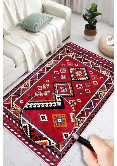 Kırmızı Etnik Kilim Desenli Dijital Baskılı Kaymaz Taban Yıkanabilir Halı
