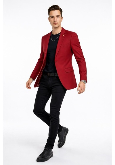 Plus Scorpion Erkek Mono Yaka Tek Düğmeli Çift Yırtmaçlı Blazer Ceket Premium Dokuma Kumaş, 8 Renk Kırmızı