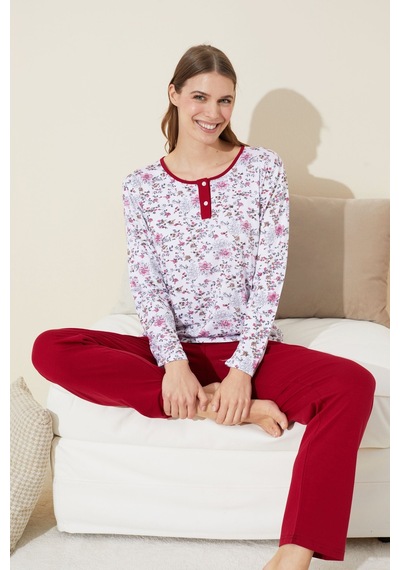 Siyah İnci Düğmeli Pamuklu Örme Pijama Takım 24240128 Beyaz