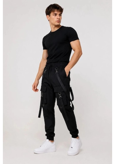 Freedom Storee Erkek Techwear Şerit Aksesuarlı Ön Kapak Cep Detaylı Jogger Eşofman Altı - Siyah Çok Renkli