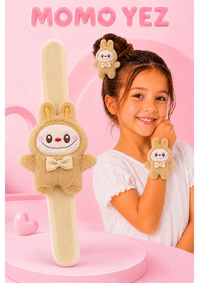 Peluş Bileklik Oyuncak Bileğe Vurunca Sarılan Slap Bileklik, Çok Amaçlı Saç Tokası Bej