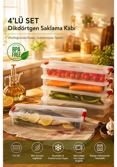 Porsima 455-4 4 Lü 2,3lt Kilitli Kapaklı Yiyecek Erzak Saklama Kabı Seti - Buzdolabı Düzenleyici Organizeri Şeffaf