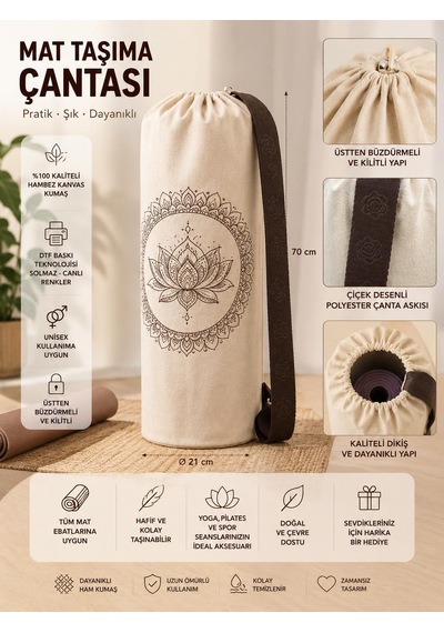 Yoga Mat Taşıma Çantası Hayat Ağacı Lotus Namaste Desenli Hambez Kanvas 70x21 Cm Açık Kahverengi