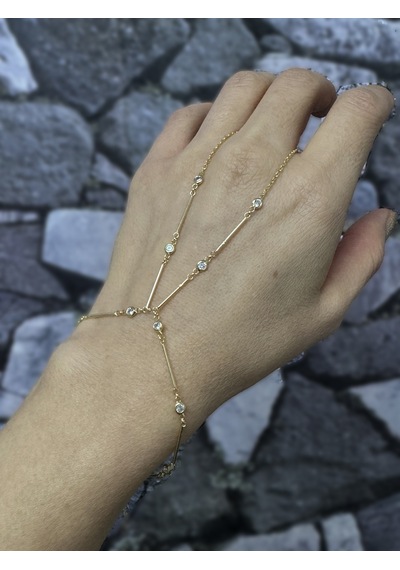 Zirkon Taşlı Gümüş Şahmeran Bileklik Uzun Çubuk Zincirli Tasarım - Gold Renk Altın