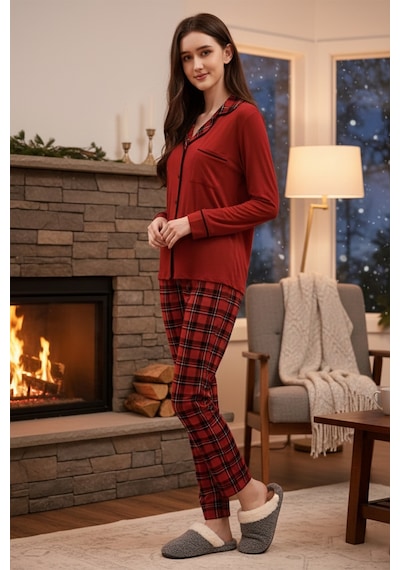 Remsa Kadın Ekose Desenli Önü Düğmeli Yumuşak Milan Kumaş Pijama Takımı 250352 Kırmızı Kırmızı