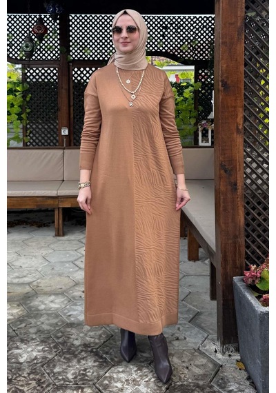 Rabia Şamlı Zebra Desen Triko Elbise Camel Normal