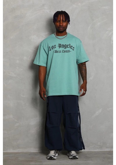 Barlashive Erkek Kısa Kol Tişört Bisiklet Yaka Kanat Baskılı Oversize T-shirt - Mint Yeşili Çok Renkli