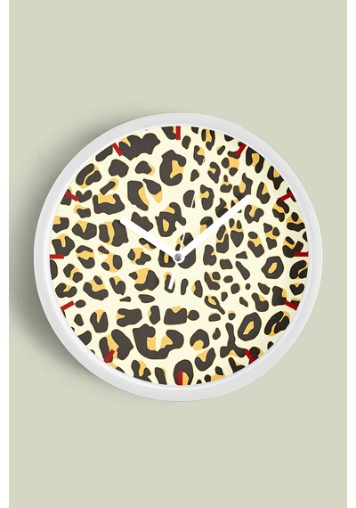 Leopar Desenli Modern Duvar Saati - 25cm - Önü Camlı Beyaz Kasa - Sessiz Mekanizma-jh0193 Beyaz
