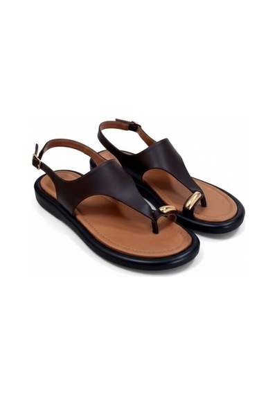 Ne&ve Shoes Kahve Hakiki Deri Aksesuar Detaylı Parmak Arası Kadın Arkadan Tokalı Sandalet Kahverengi
