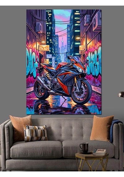 Ahşap Tablo Neon Işıklı Motosiklet Çizimi