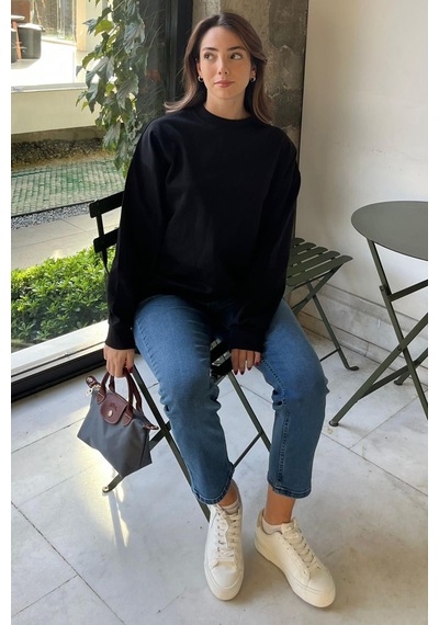 Siyah Bisiklet Yaka Basic Sweatshirt Mg2185