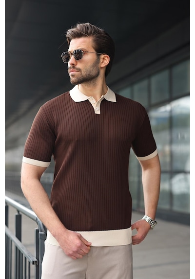 Madmext Kahverengi Polo Yaka Triko Erkek Tişört E7471 Kahverengi