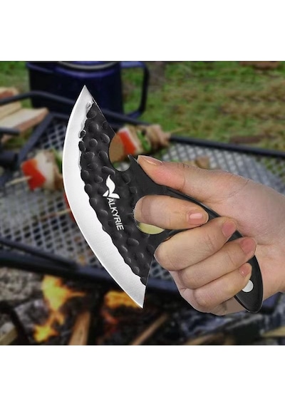 Valkyrie Outdoor Kamp Et Sebze Doğrama Satırı Kılıflı Bıçak Ahşap Saplı Çok Amaçlı Siyah Siyah