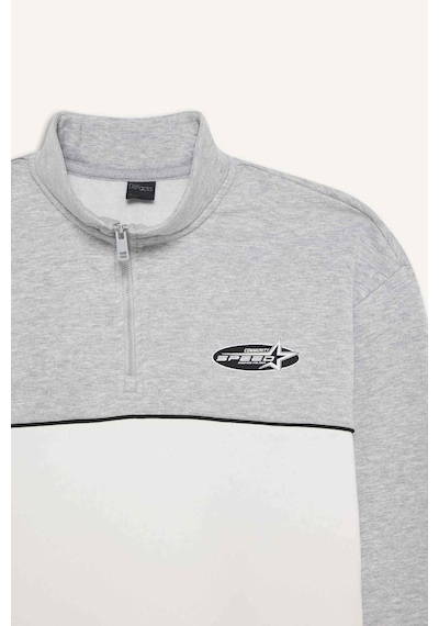 Defacto Boxy Fit Dik Yaka Yarım Fermuarlı Baskılı Kalın Sweatshirt F3825ax25wngr369 Gri