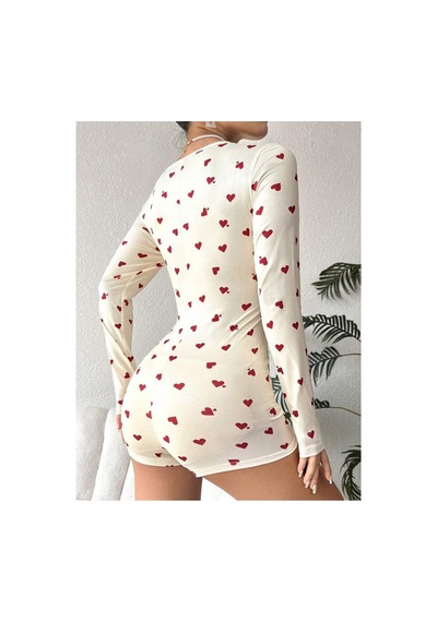 Mh Moony Homewears Kahverengi Kalp Mini Tulum Pijama Takımı Kahverengi