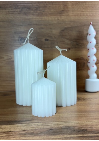 3 Lü Oluklu Silindir Dekoratif Mum Seti Büyük-orta-küçük Büyük Boy:15 - Orta Boy:12 - Küçük Boy:8cm Beyaz