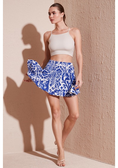 Lela Desenli Slim Fit Mini Bayan Şort Etek 5869020 Saks