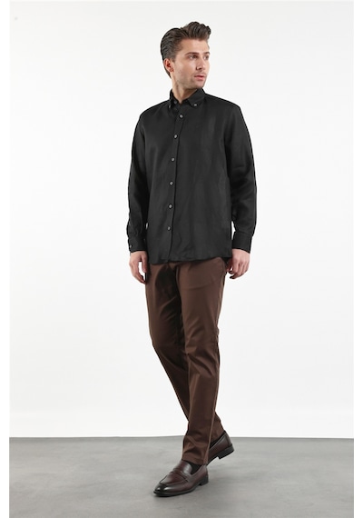 İmza Uzun Kol Düz Keten Düğmeli Yaka Cepsiz Casual Comfort Fit Gömlek 1004250114 Siyah