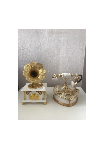 Dekoratif Plastik Telefon Ahizeli Çekmeceli, Dekoratif Plastik Gramofon Çekmeceli Müzik Kutusu Beyaz + Gold