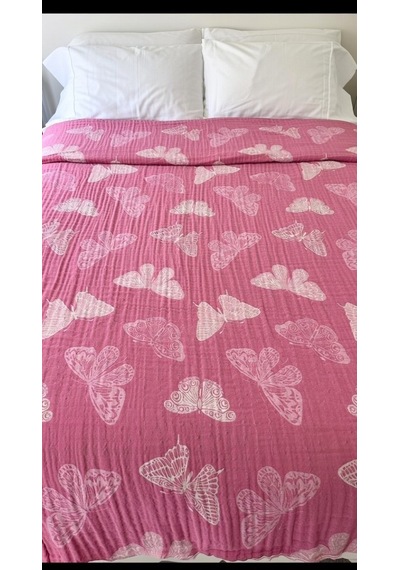 Kelebek Desen 4 Katlı Müslin Pike Yatak Örtüsü Battal Boy 240x260 Cm Pembe