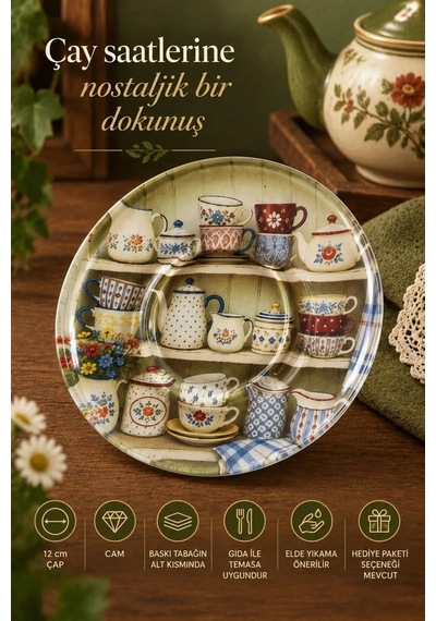 6 Lı Cam Çay Tabağı Vintage Çay Dolabı Desenli 12 Cm, 6 Adet Çay Tabak Beyaz