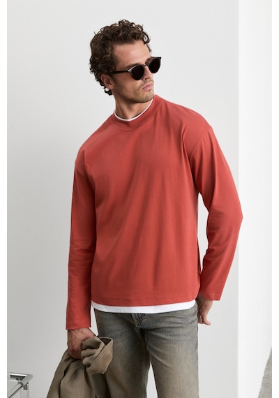 Grimelange Nox Erkek Yaka Ve Etek Uçları Kontrast Detaylı Kiremit Rengi T-shirt