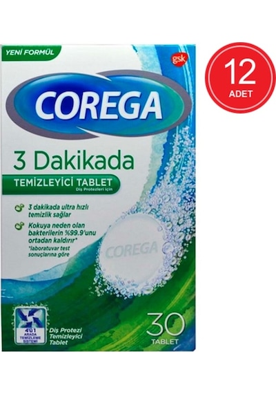 Corega 3 Dakikada Protez Temizleyici Tablet 30'lu x 12 Paket