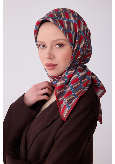 Belli Twill İpek Eşarp Kırmızı, Kahverengi, İndigo Çok Renkli