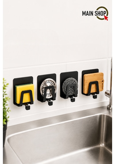 Mainshop 4 Adet Musluk Yanı Sünger Askılığı Evye Sünger'liği Banyo Mutfak Kancalı Düzenleyici M-sng2 Siyah