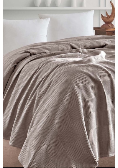 Eponj Home Çift Kişilik %100 Pamuk Pike Örtü 200x230 Cm Karo Desenli Camel Weave Serisi Camel