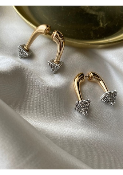 Pinery Jewels Vıp Seri - Zirkon Taşlı Piramit Sallantılı Altın Kaplama Kadın Kü Altın