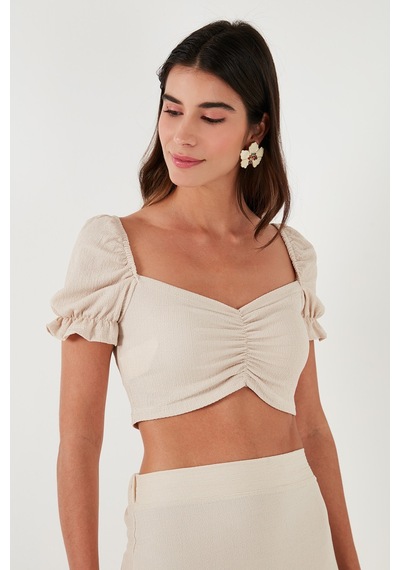 Lela Slim Fit Büzgü Detaylı Kalp Yaka Crop Bayan Bluz 5865601 Taş