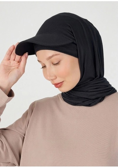 Butikgiz Kadın Siperlikli Boyun Kapatıcı Spor Rahat %100 Pamuklu Penye Tesettür Bone Siyah