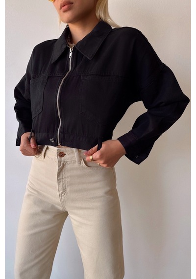 Siyah Çift Cepli Fermuarlı Yıkamalı Crop Denim Ceket Bcdf-235410 Çok Renkli
