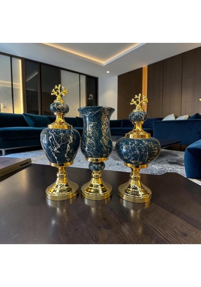 Sleep Nova Emerald Black Marble Gold Detaylı Üçlü Vazo ve Obje Seti
