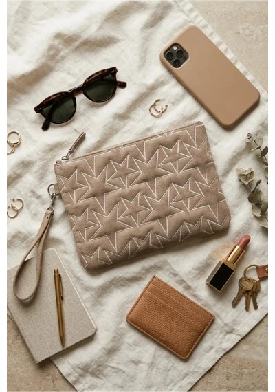 Adelina Bags Süet Yıldız Nakış İşlemeli Portföy El Çantası Bilek Askılı Astarlı Süet Clutch Çanta Vizon
