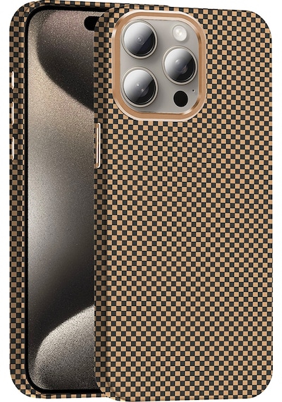 Apple Uyumlu iPhone 15 Pro Max Kılıf M-safe Şarj Özellikli Karbon Fiber Görünümlü Gros Kılıf Desert Titanyum