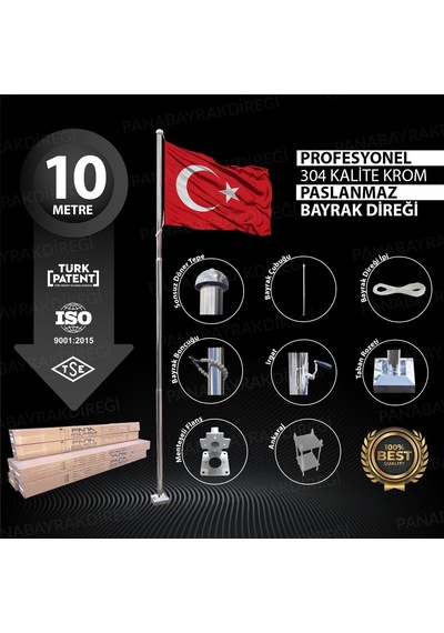 10 Metre İnox 304 Kalite Paslanmaz Krom Çelik Profesyonel Bayrak Direği Standart