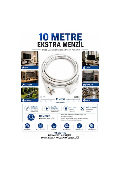 Viko Seyyar Uzatma Kablosu 10 Metre 3x2.5 Mm Cca Kablo Viko Erkek Dişi Fiş Klemensli Terminalli Topraklı Tse Ce Belgeli 10 M