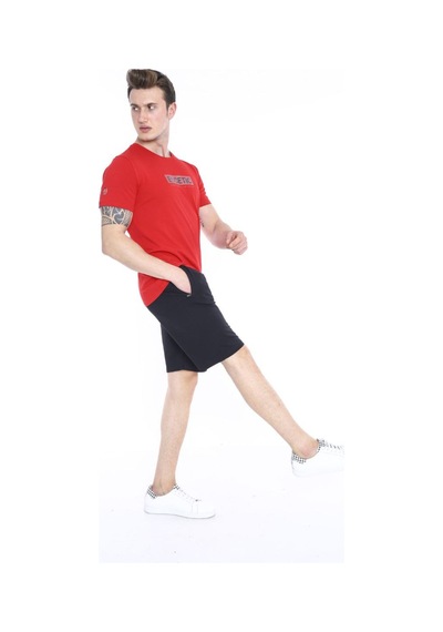 Erkek Spor Kırmızı Bisiklet Yaka Slim Fit Alt-Üst Şort Takım-3841 Kırmızı
