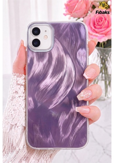 Fibaks iPhone 11 Uyumlu Kılıf Tüy Ebru Desenli Darbe Emici Mor Renkli Silikon Koruyucu Kapak