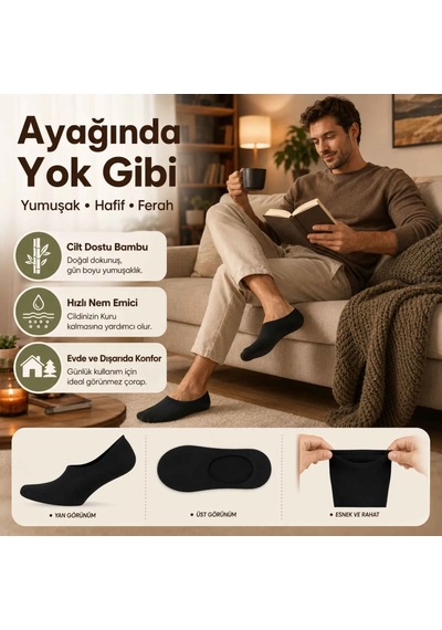Elitse Erkek Bambu 6'lı Babet Çorap Görünmez No Show Dikişsiz Silikon Topuklu Siyah 6'lı