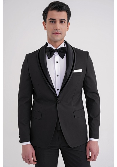 Slim Fit Çıkarılabilir Saten Yaka Tek Düğme Siyah Damatlık Smokin Takım Black 073 Siyah