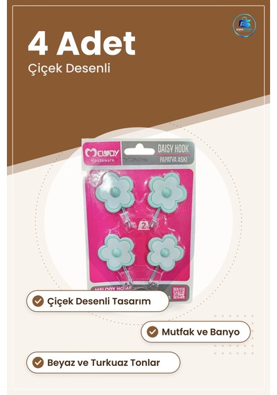 Tomurcuk Ası 4 Adet Çiçek Desenli Duvar Asısı Papatya Mutfak Bany Çok Renkli